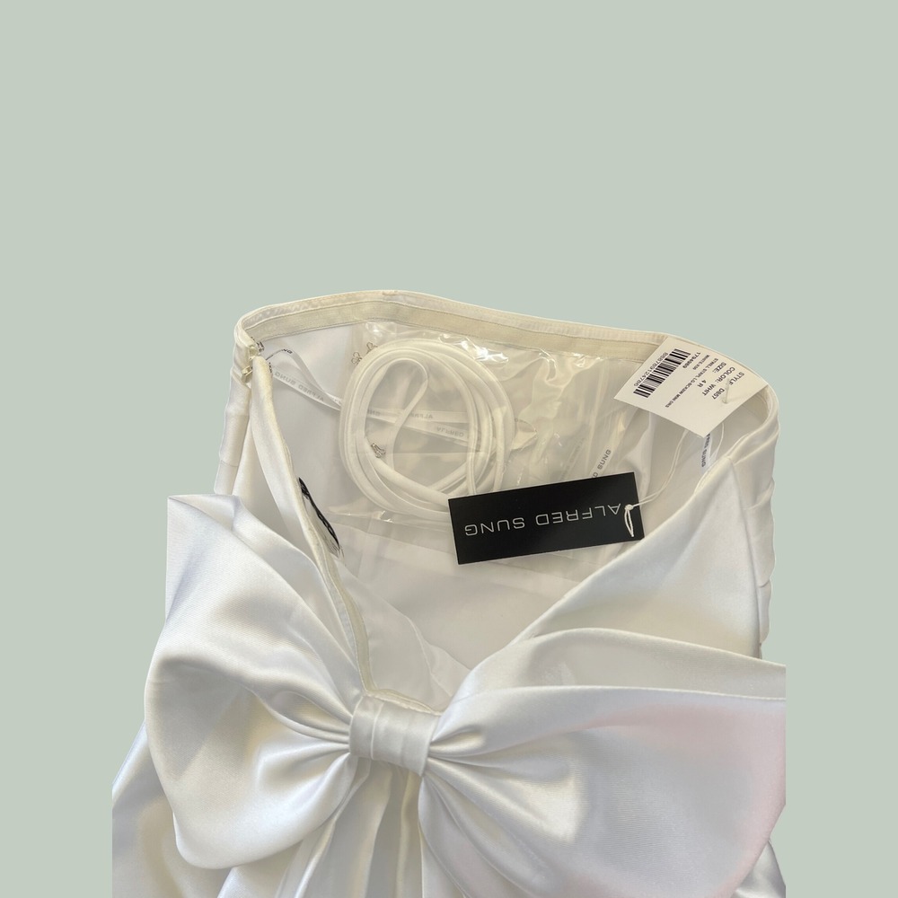 NWT Alfred Sung White Strapless Mini Dress Back Bow Train D857 SZ 4R - Picture 8 of 10